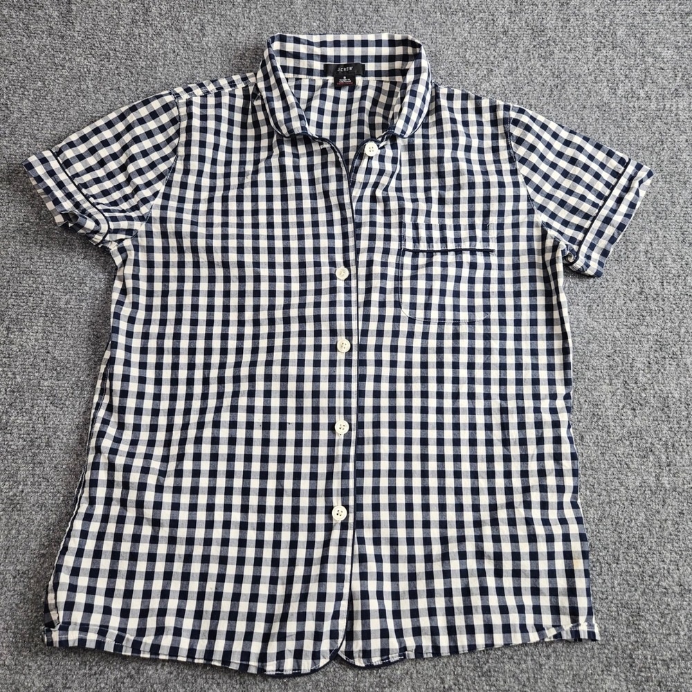 J Crew Gingham Button Down Shirt Womens Small Blue Plaid Short Sleeve